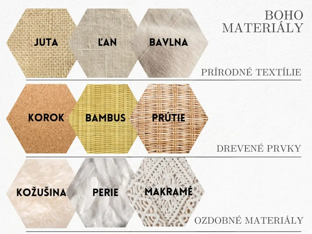 Ukážka používaných materiálov v boho interiéri.